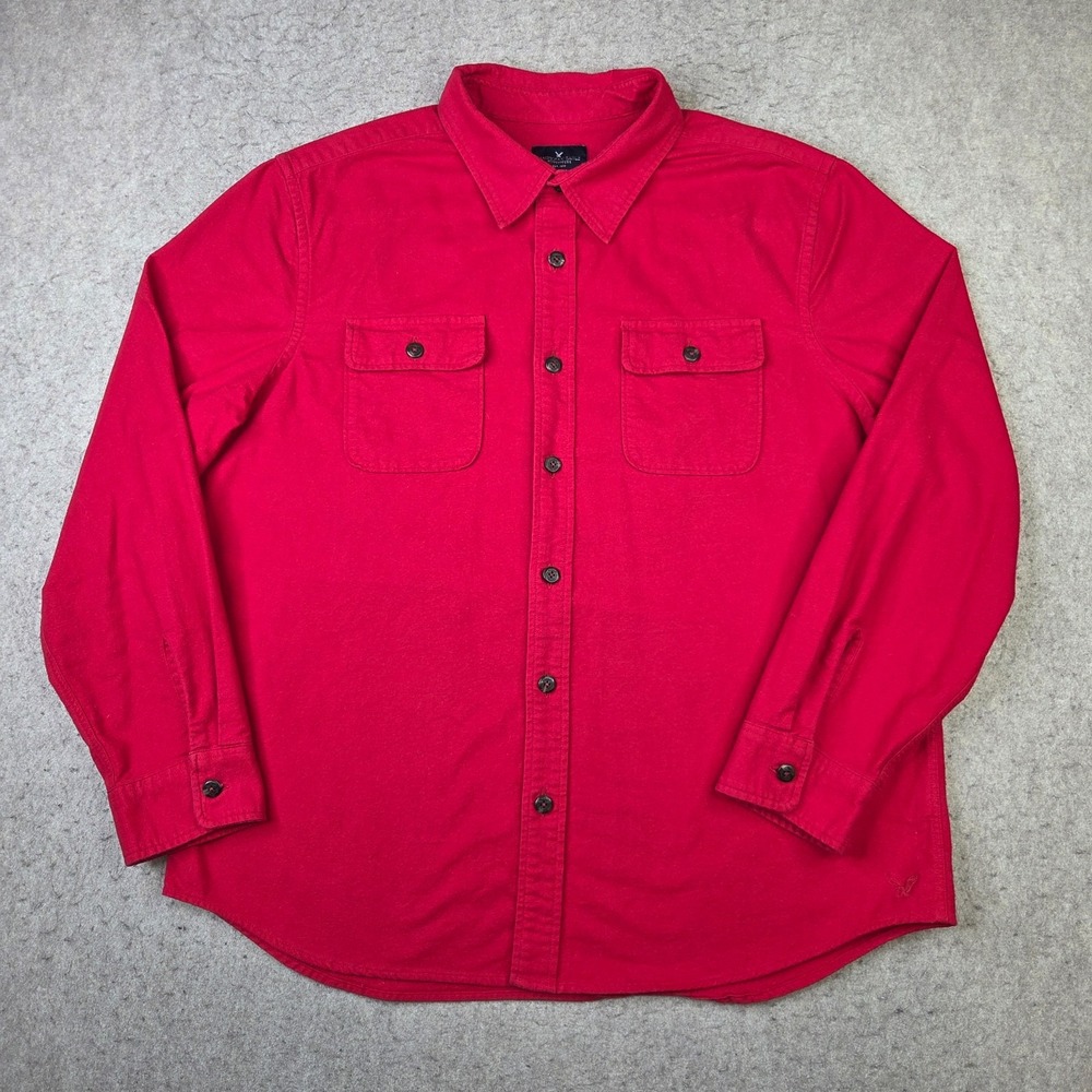 American Eagle Flannel Button Up Casual Shirt Men's 2XL Red Pockets Long Sleeve